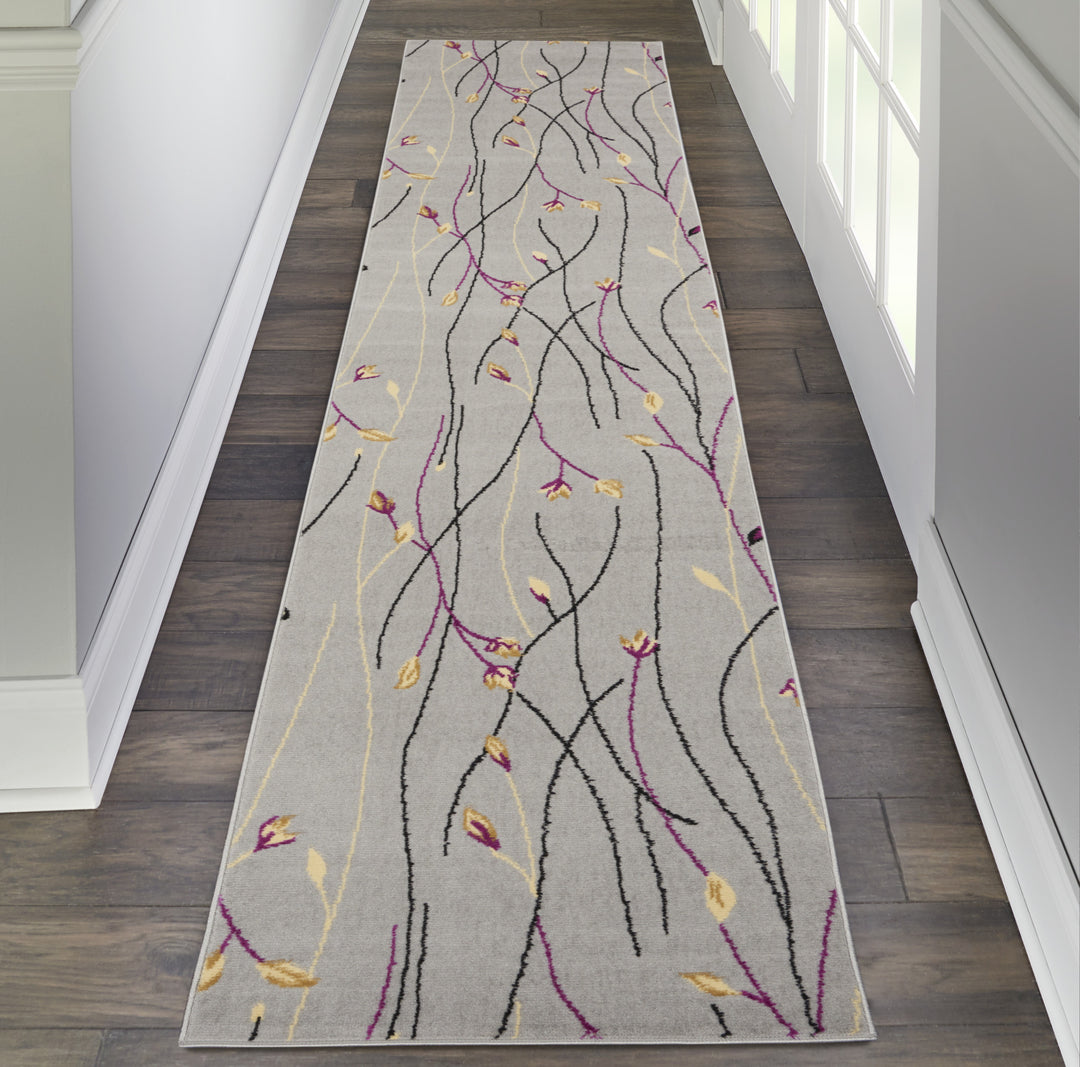 10' Runner Gray Floral Vines Power Loom Runner Rug