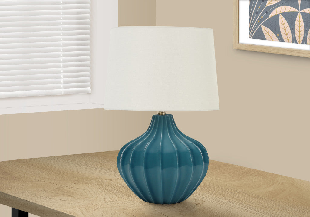 24" Blue Ceramic Gourd Table Lamp With Cream Empire Shade