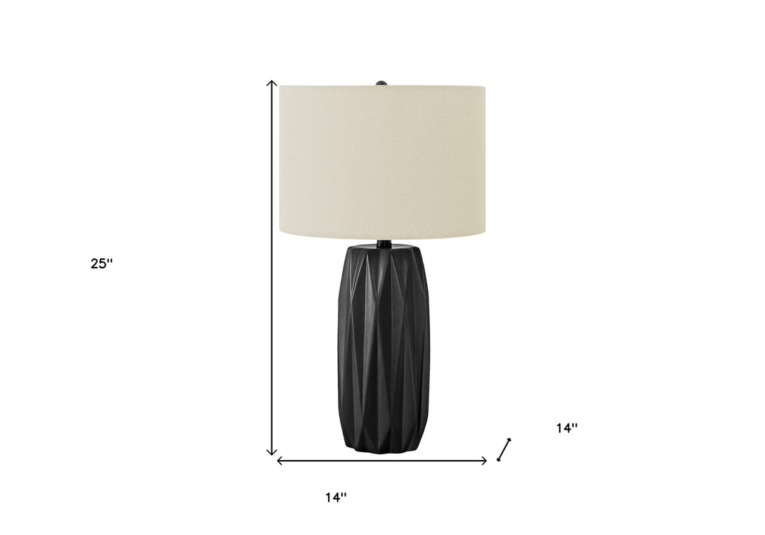 25" Black Ceramic Geometric Table Lamp With Ivory Drum Shade