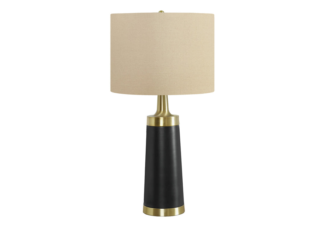 28" Black and Gold Metal Cylinder Table Lamp With Beige Drum Shade