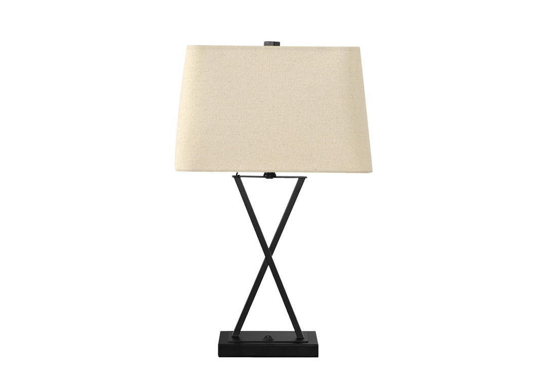 25" Black Metal Geometric USB Table Lamp With Beige Shade