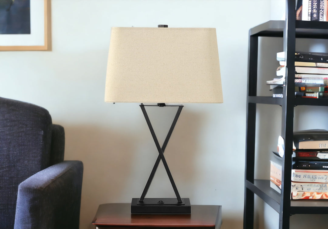 25" Black Metal Geometric USB Table Lamp With Beige Shade