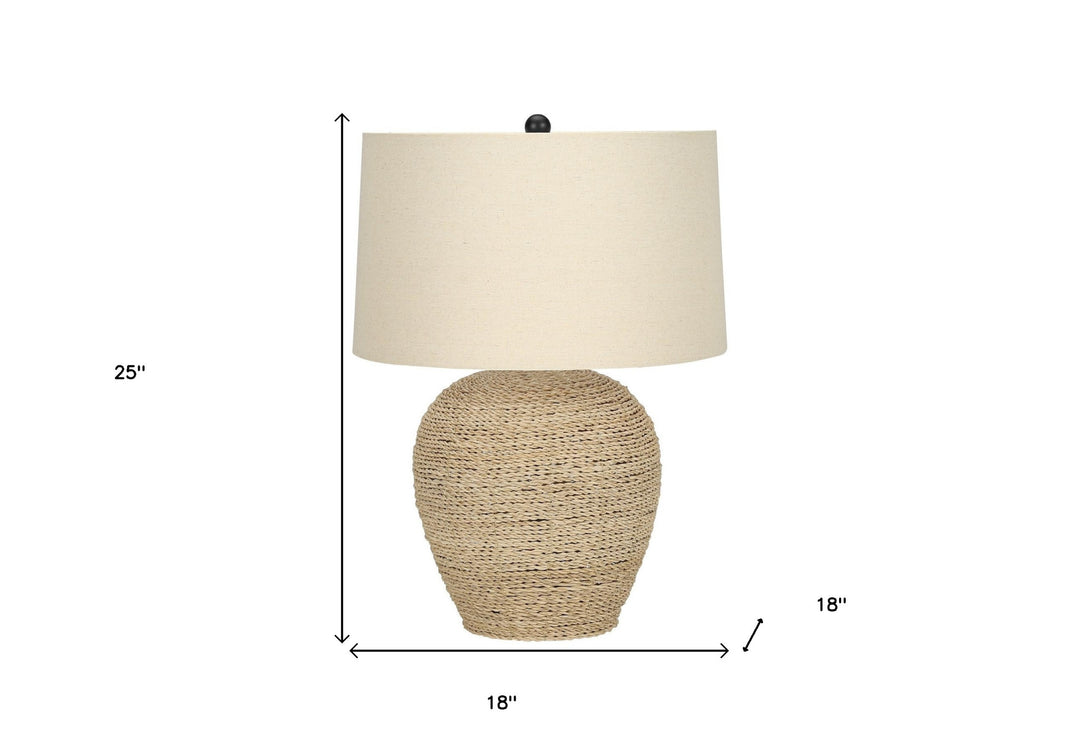 25" Beige Rattan Round Table Lamp With Beige Drum Shade