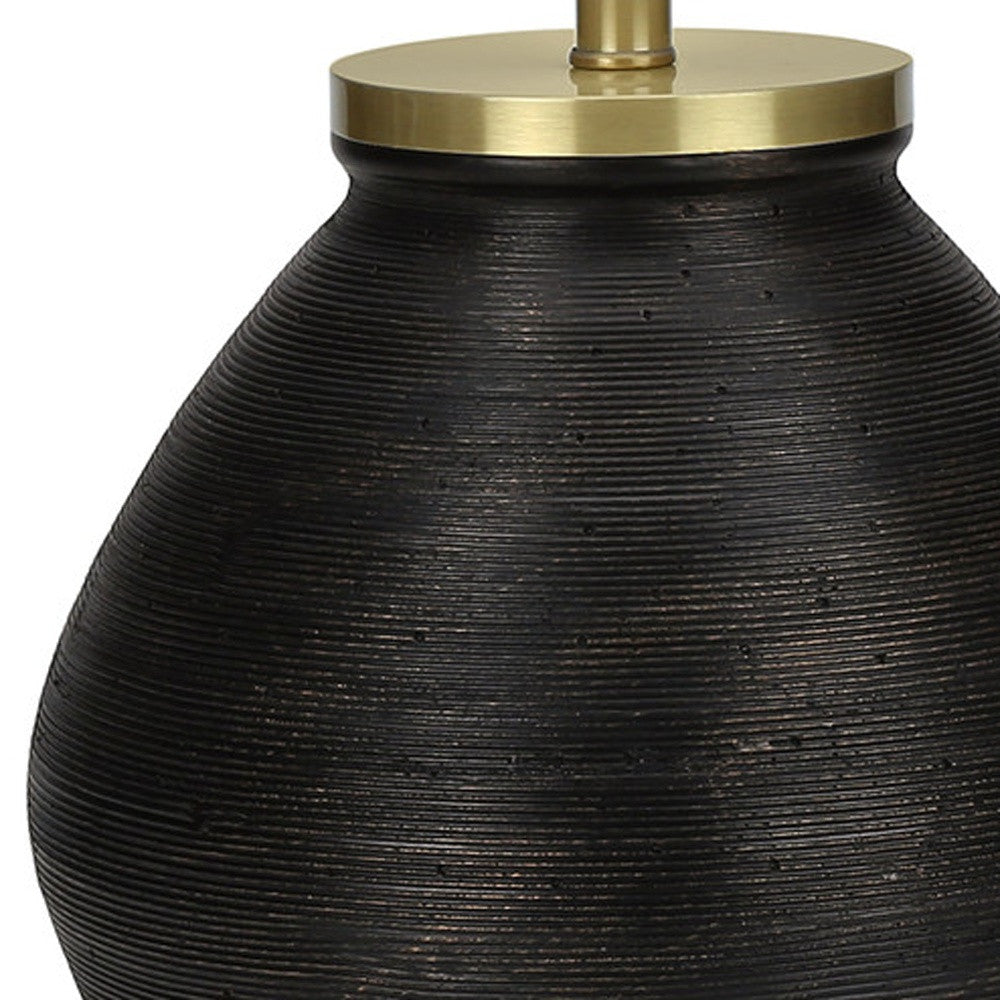 25" Black and Gold Concrete Round Table Lamp With Ivory Drum Shade