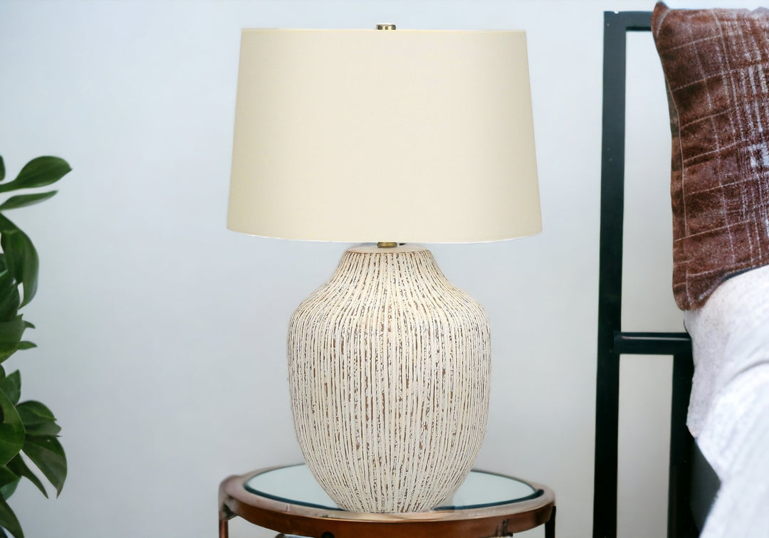 26" Cream Ceramic Round Table Lamp With Cream Empire Shade