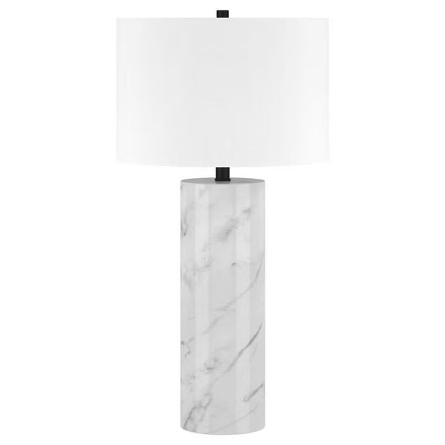 30" White and Gray Marble Table Lamp With White Drum Shade