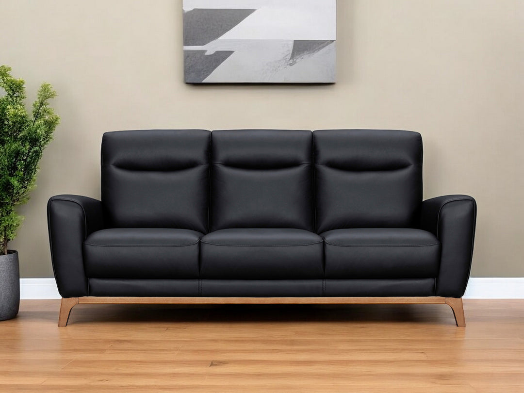 83" Black Leather Sofa With Brown Legs