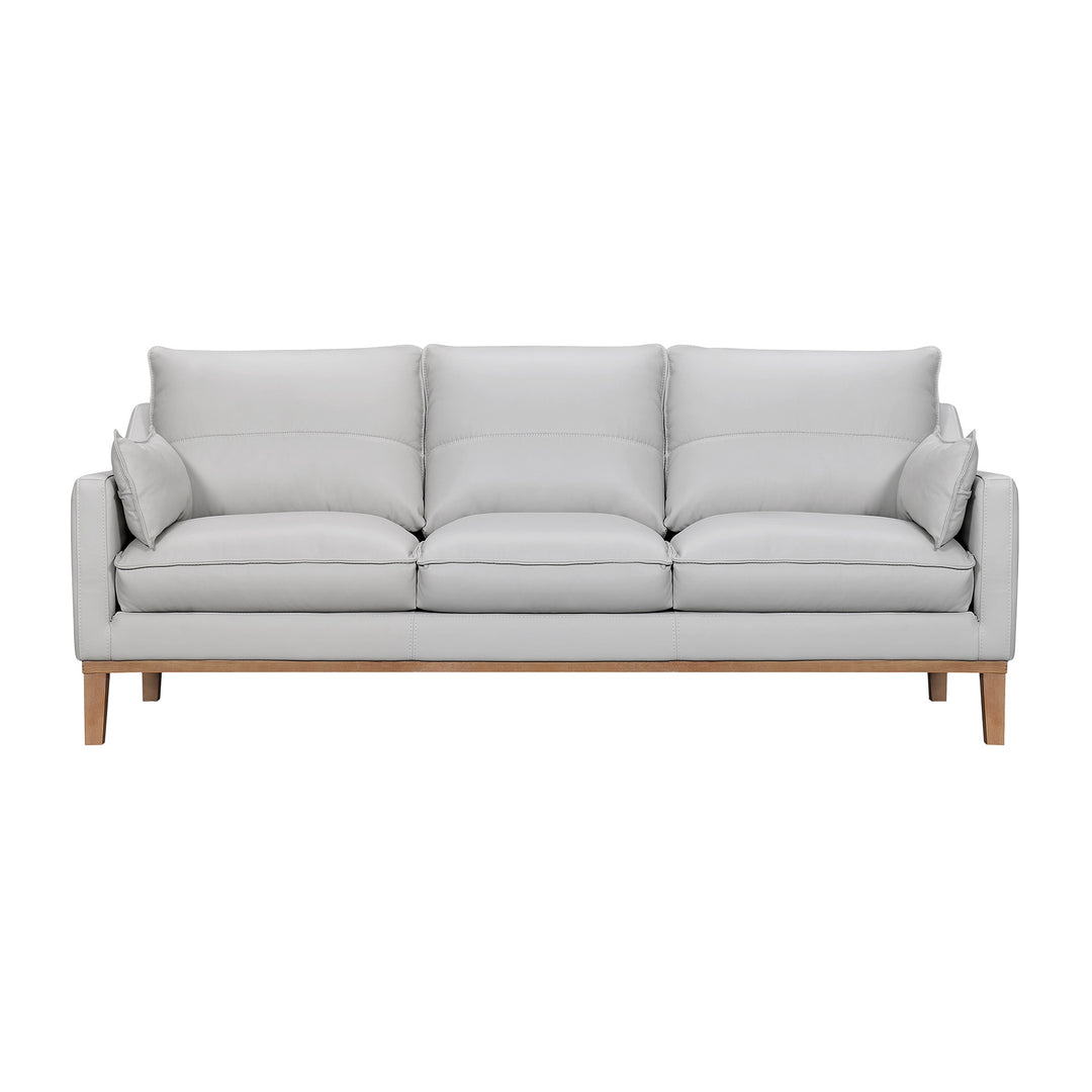 87" Gray Leather Sofa And Toss Pillows With Brown Legs