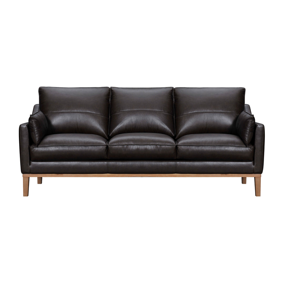 87" Dark Brown Leather Sofa And Toss Pillows With Brown Legs