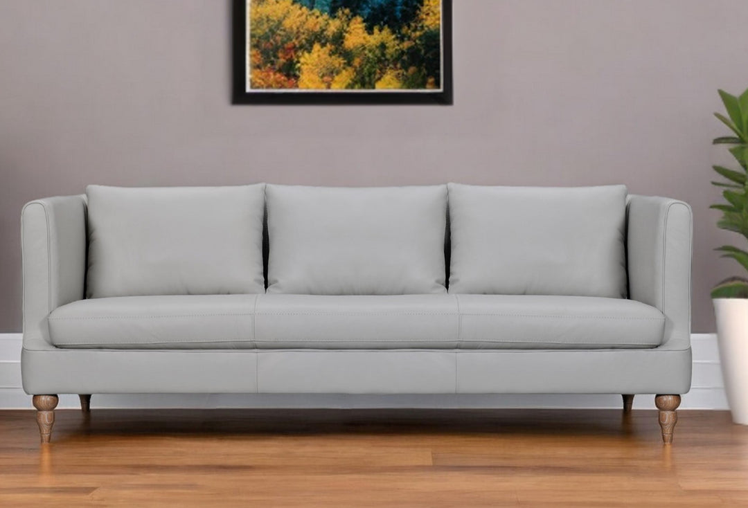 85" Gray Leather Sofa With Brown Legs