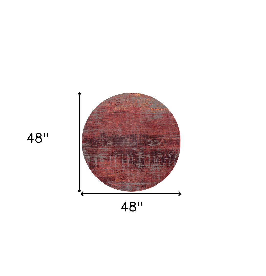 5' Red and Gray Round Abstract Non Skid Area Rug