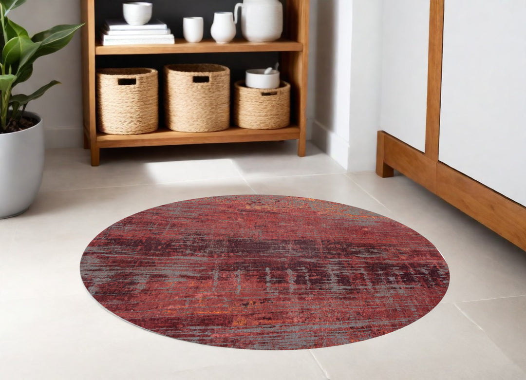 5' Red and Gray Round Abstract Non Skid Area Rug