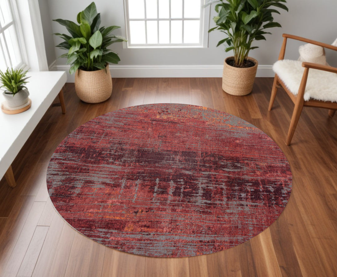 8' Red and Gray Round Abstract Non Skid Area Rug