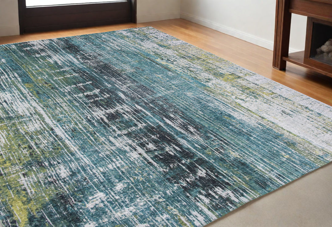 5' X 7' Blue and Green Abstract Non Skid Area Rug