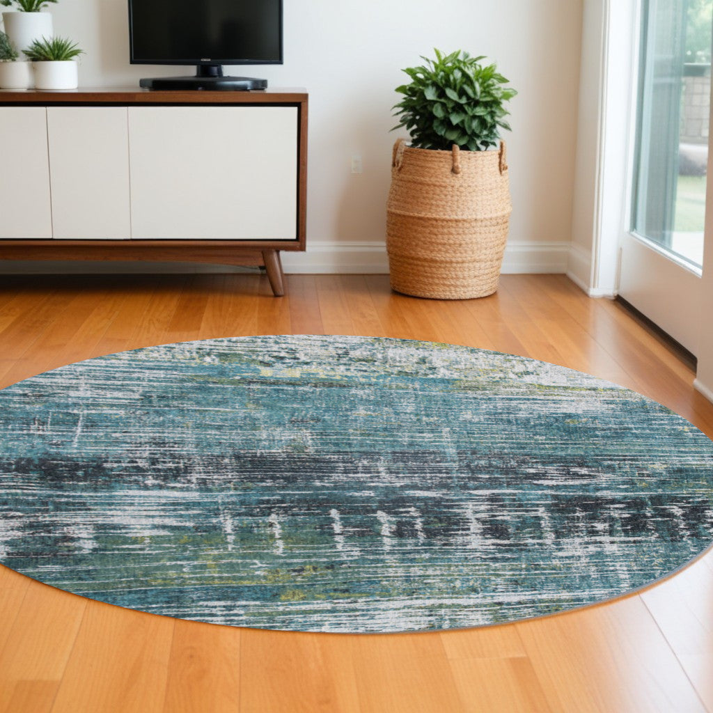 8' Blue and Green Round Abstract Non Skid Area Rug