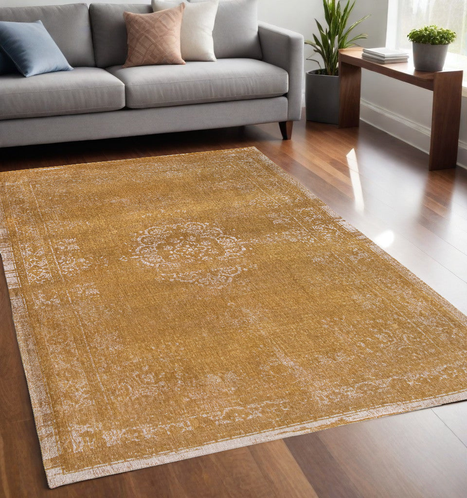 5' X 7' Orange and White Medallion Non Skid Area Rug