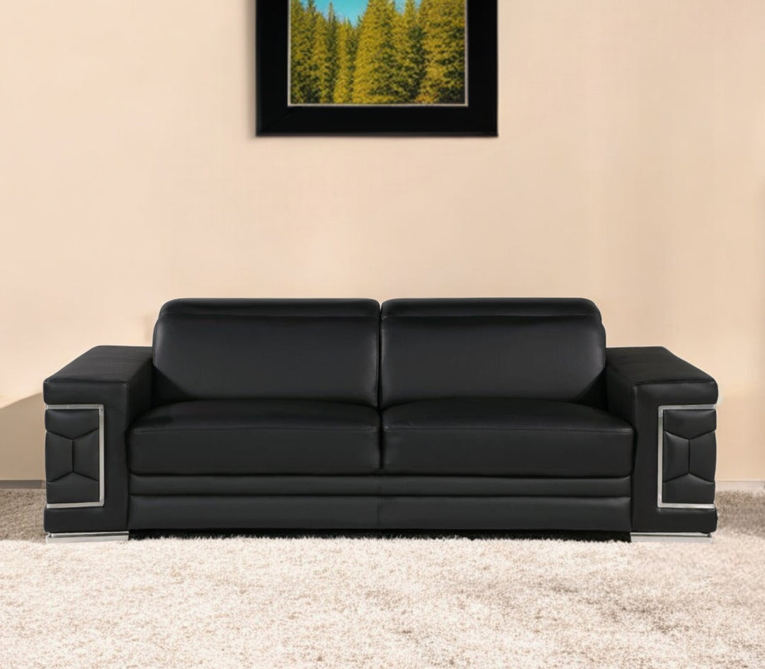 89" Black Leather Sofa With Silver Legs