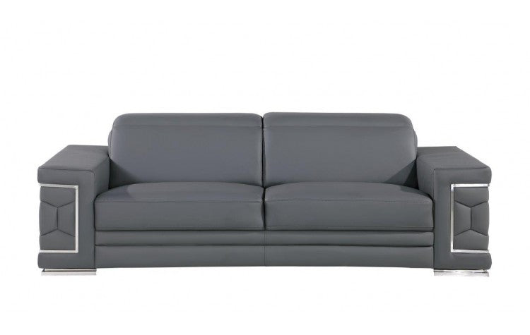 89" Gray Leather Sofa With Silver Legs