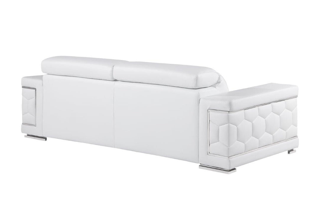 89" White Leather Sofa With Silver Legs