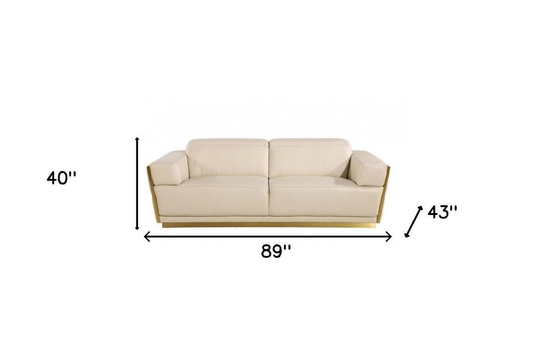 89" Beige And Gold Leather Sofa