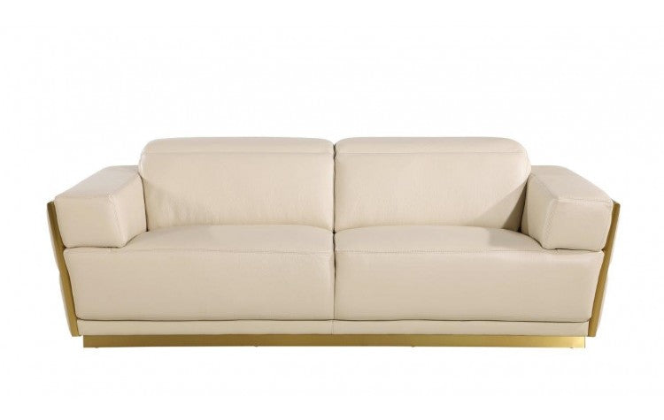 89" Beige And Gold Leather Sofa