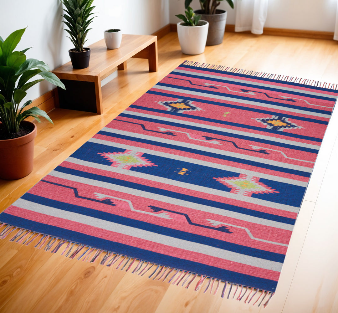 4' X 6' Pink and Blue Southwestern Handmade Area Rug With Fringe