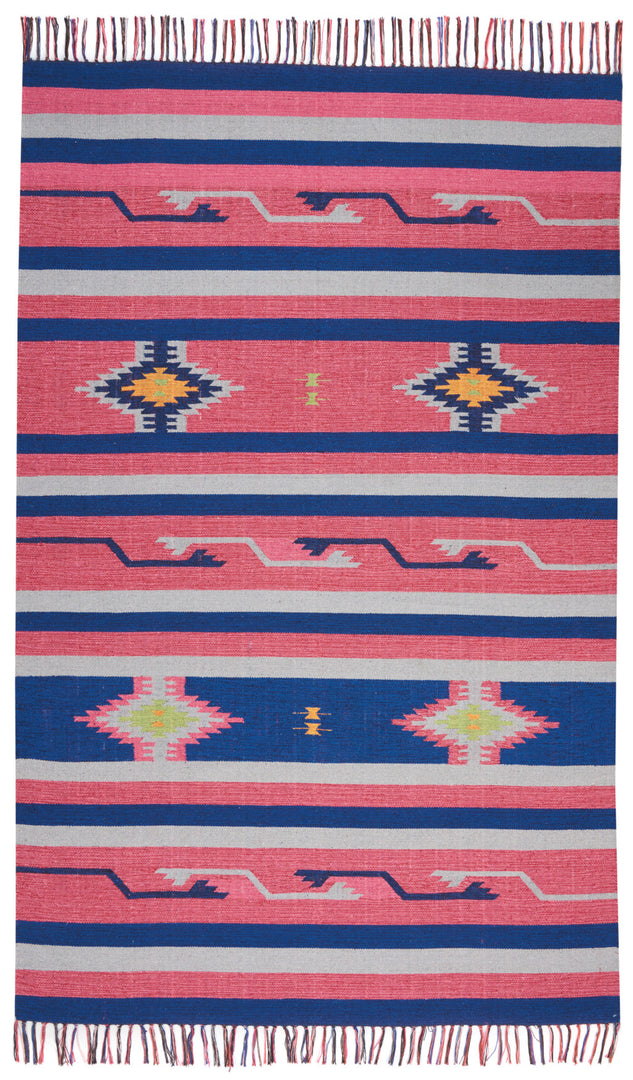 4' X 6' Pink and Blue Southwestern Handmade Area Rug With Fringe