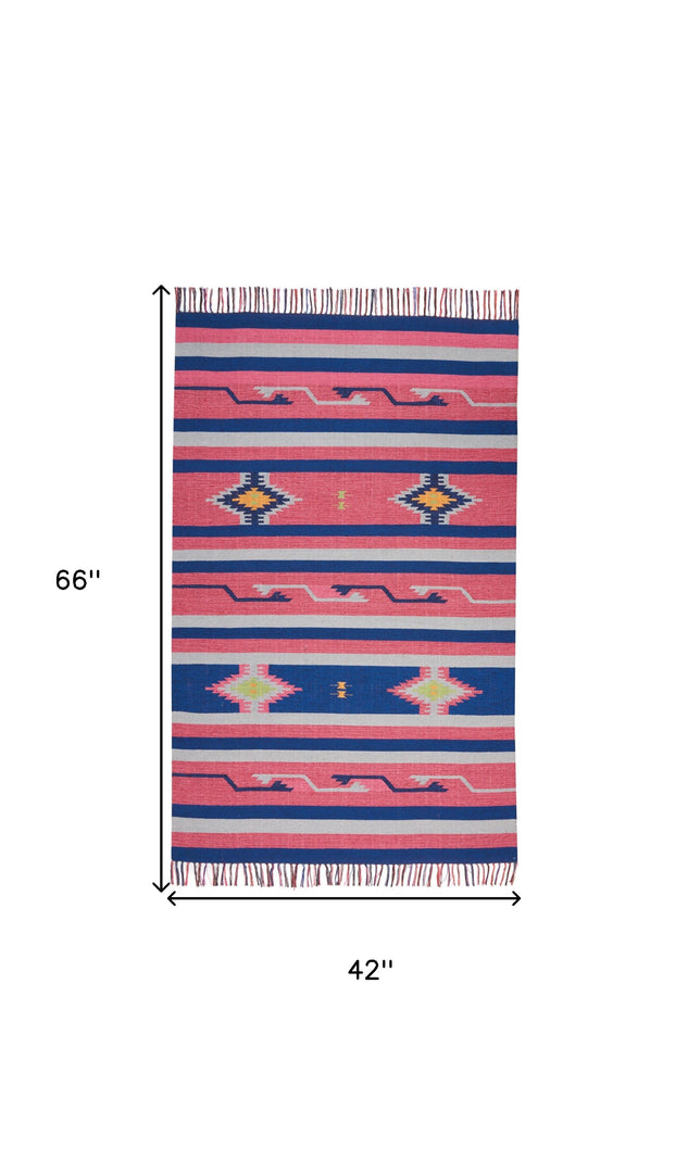 4' X 6' Pink and Blue Southwestern Handmade Area Rug With Fringe