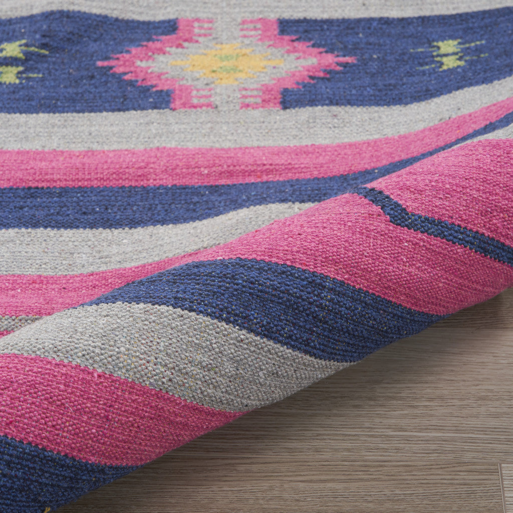 4' X 6' Pink and Blue Southwestern Handmade Area Rug With Fringe