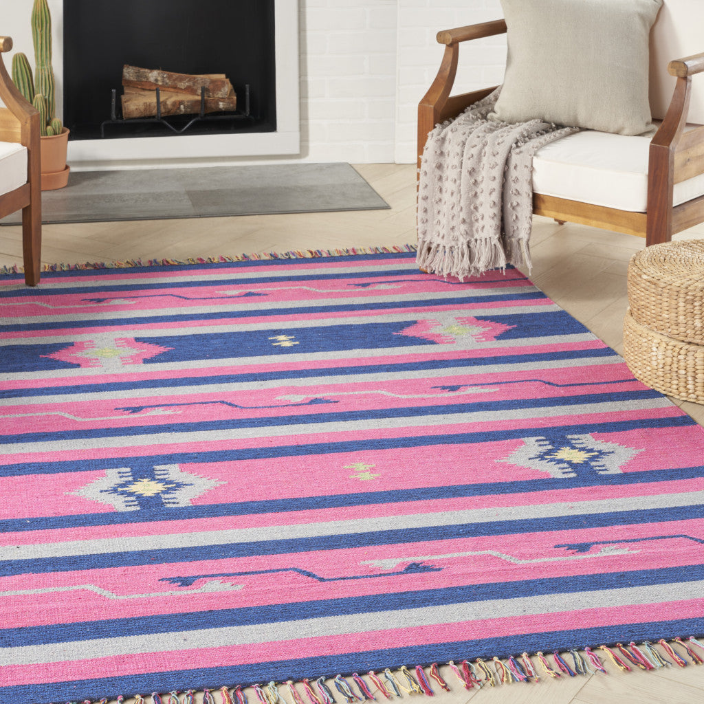 4' X 6' Pink and Blue Southwestern Handmade Area Rug With Fringe