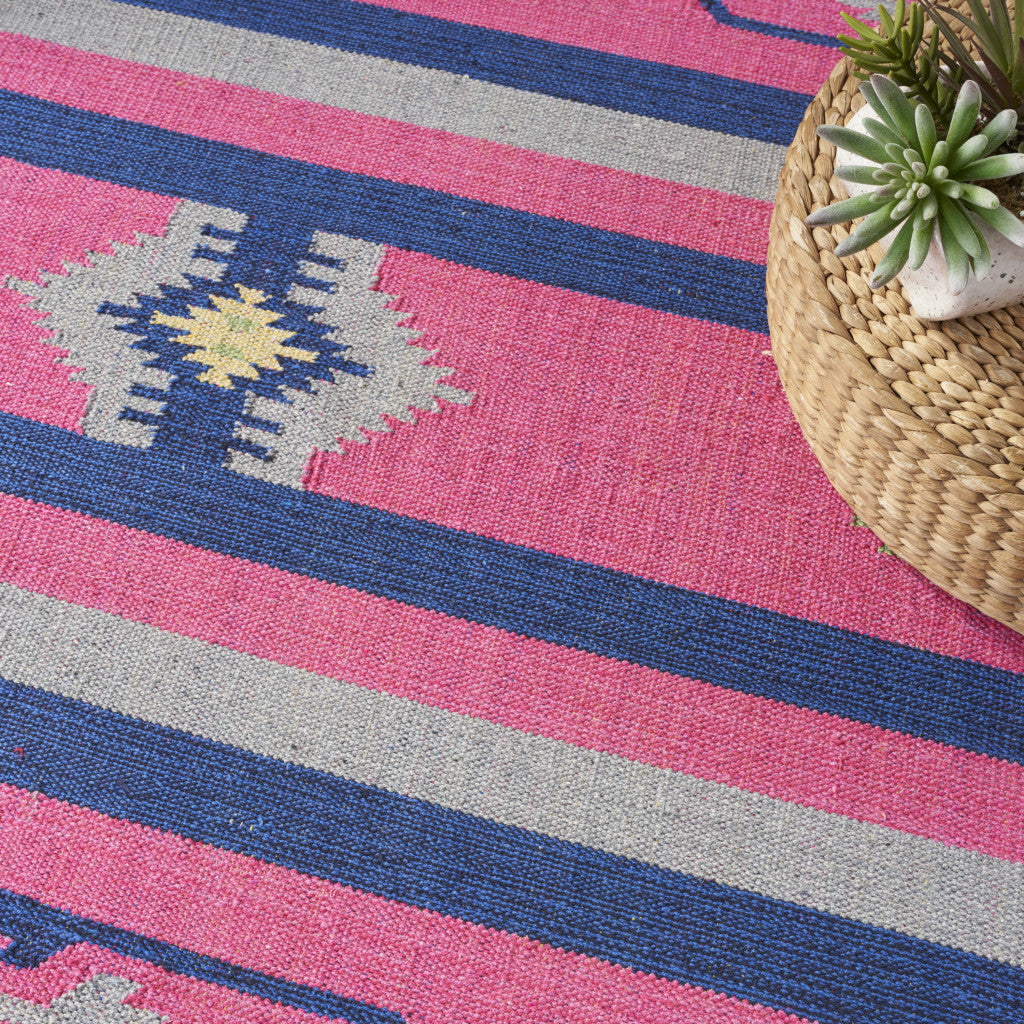 4' X 6' Pink and Blue Southwestern Handmade Area Rug With Fringe