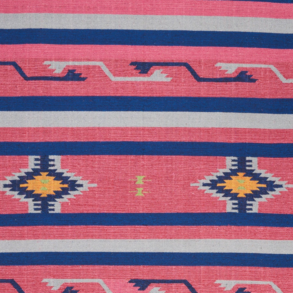 4' X 6' Pink and Blue Southwestern Handmade Area Rug With Fringe