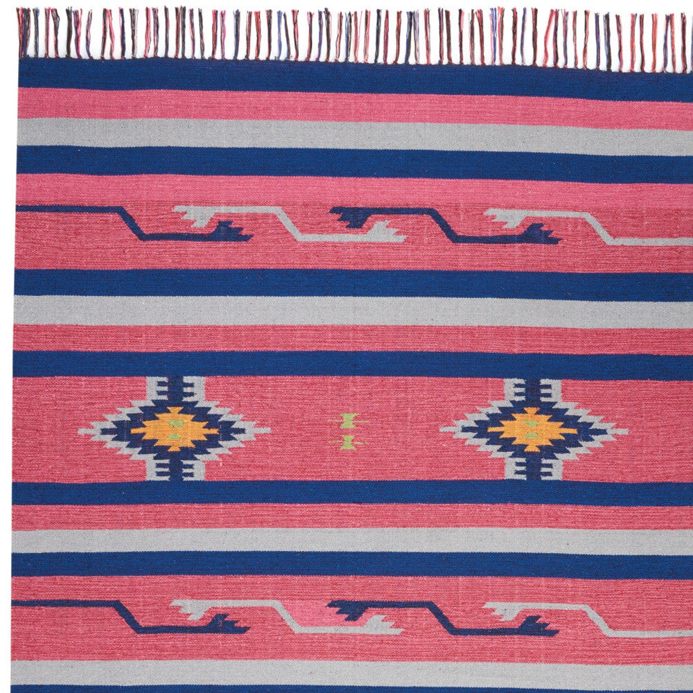 4' X 6' Pink and Blue Southwestern Handmade Area Rug With Fringe