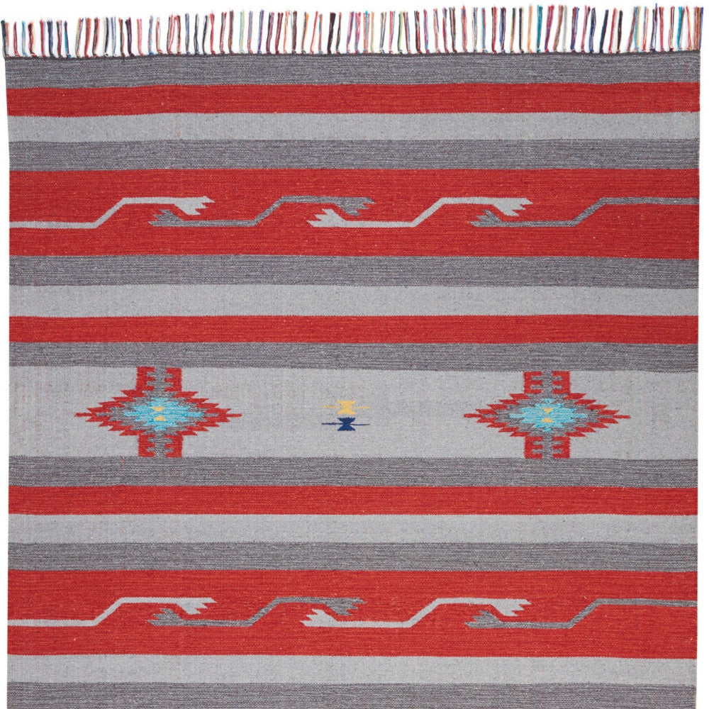 4' X 6' Gray and Red Southwestern Handmade Area Rug With Fringe