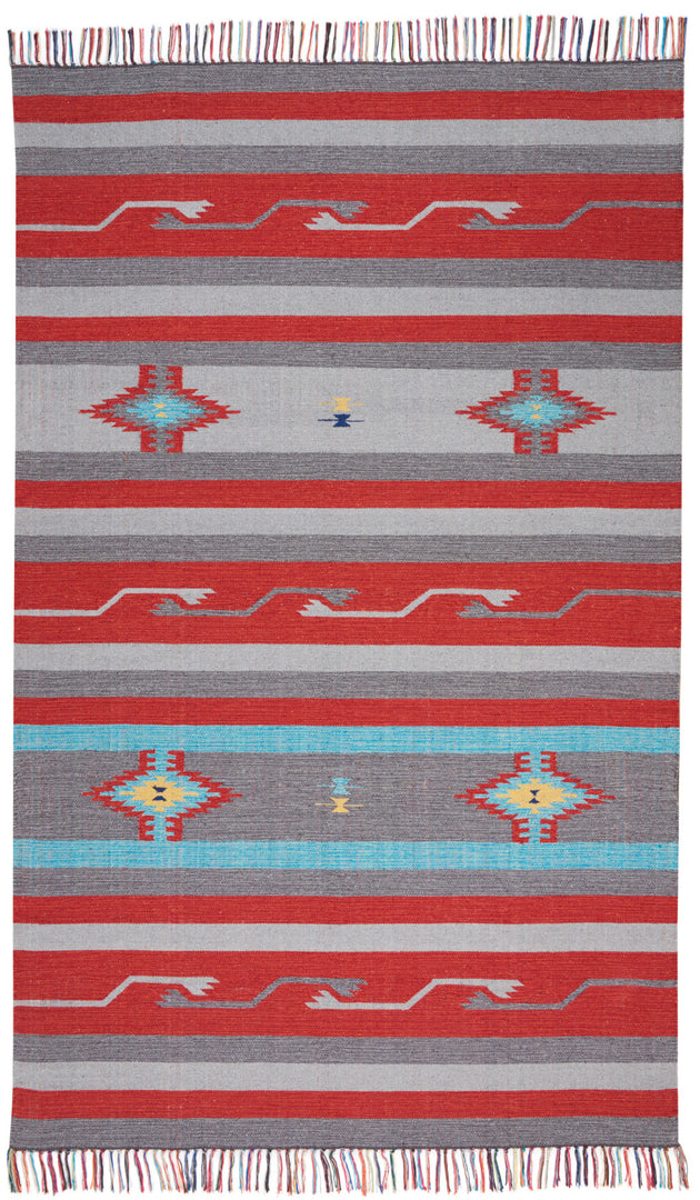 4' X 6' Gray and Red Southwestern Handmade Area Rug With Fringe