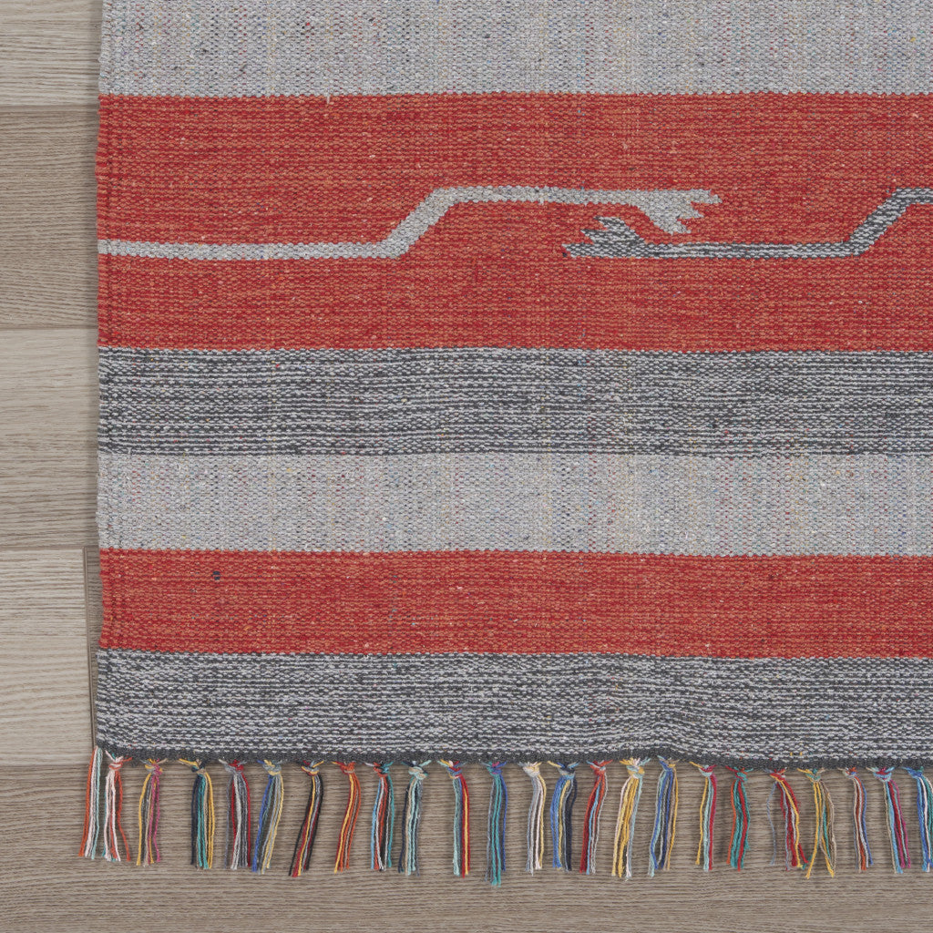 4' X 6' Gray and Red Southwestern Handmade Area Rug With Fringe