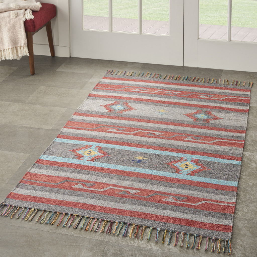 4' X 6' Gray and Red Southwestern Handmade Area Rug With Fringe