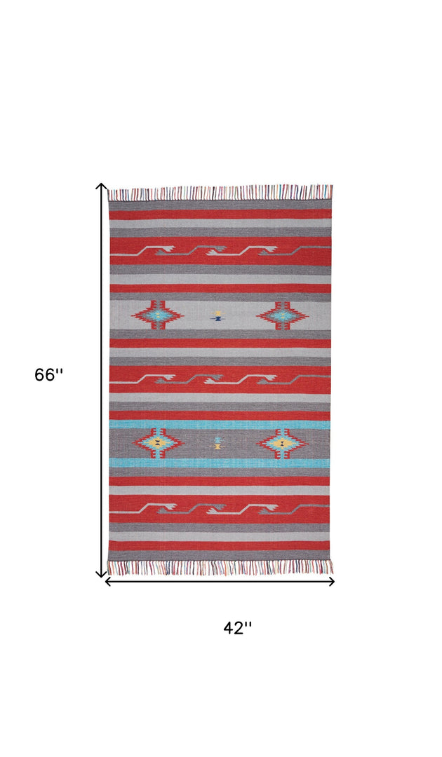 4' X 6' Gray and Red Southwestern Handmade Area Rug With Fringe