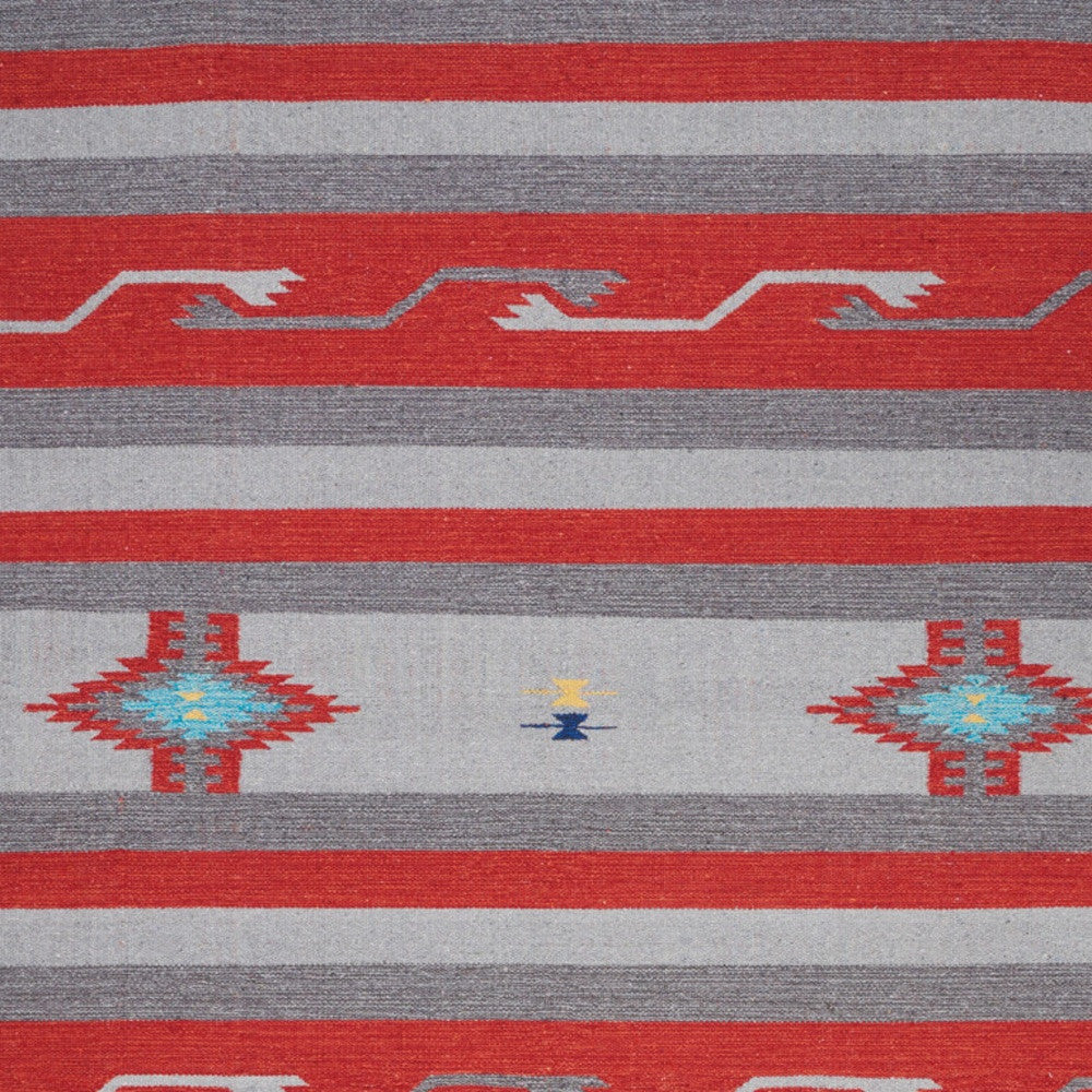 4' X 6' Gray and Red Southwestern Handmade Area Rug With Fringe