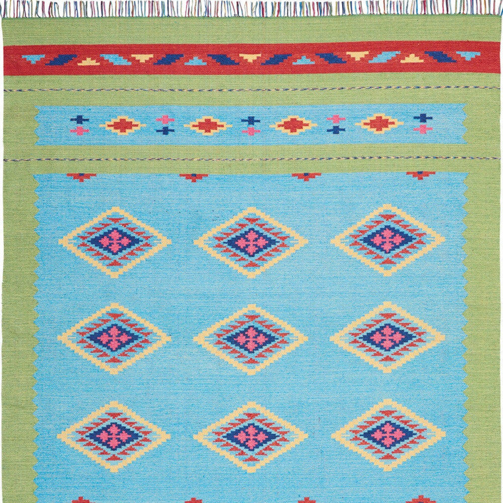 8' X 10' Blue and Yellow Southwestern Handmade Area Rug With Fringe