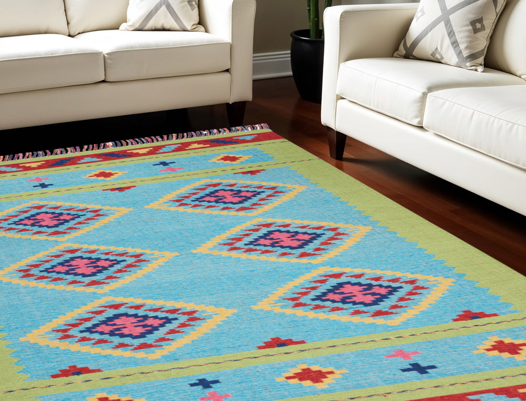 8' X 10' Blue and Yellow Southwestern Handmade Area Rug With Fringe