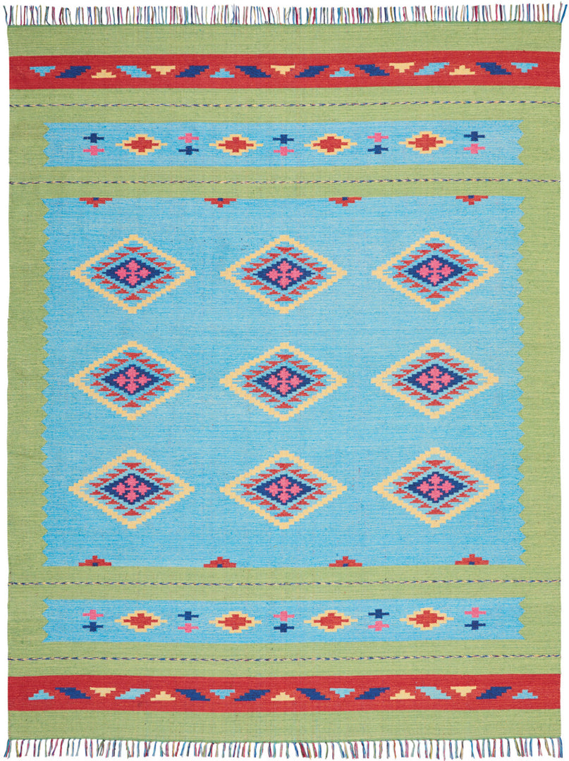 8' X 10' Blue and Yellow Southwestern Handmade Area Rug With Fringe