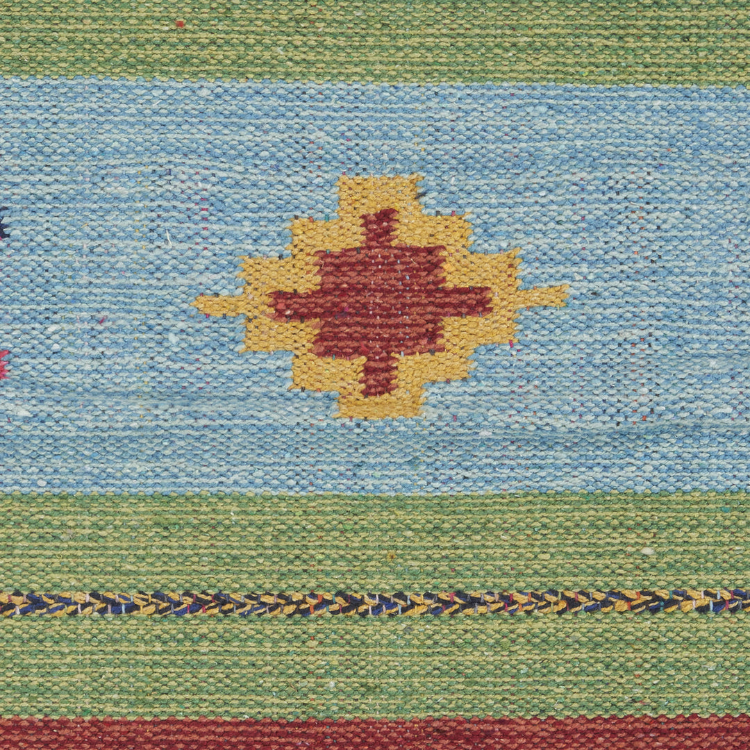 8' X 10' Blue and Yellow Southwestern Handmade Area Rug With Fringe