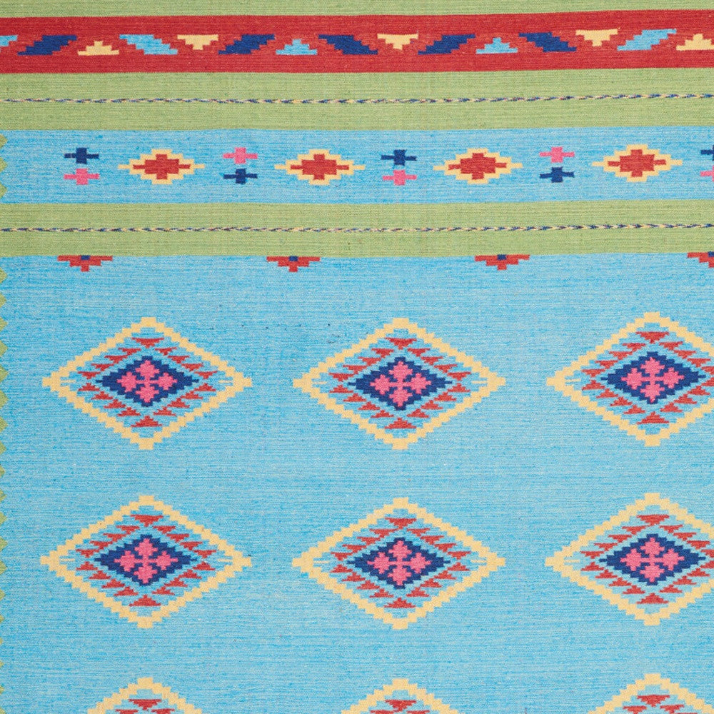 8' X 10' Blue and Yellow Southwestern Handmade Area Rug With Fringe