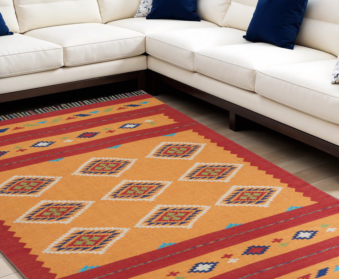 8' X 10' Yellow and Red Southwestern Handmade Area Rug With Fringe