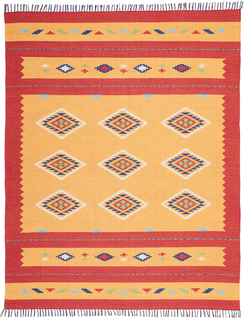 8' X 10' Yellow and Red Southwestern Handmade Area Rug With Fringe