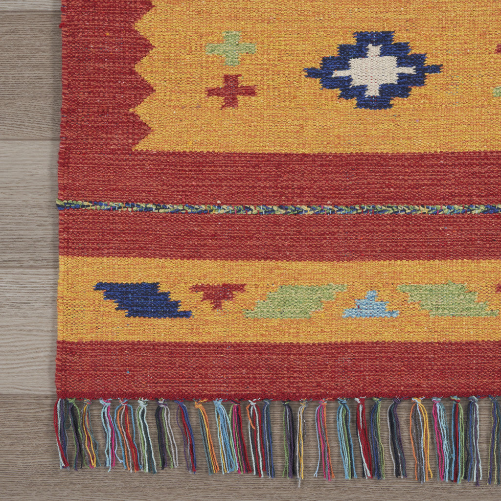 8' X 10' Yellow and Red Southwestern Handmade Area Rug With Fringe