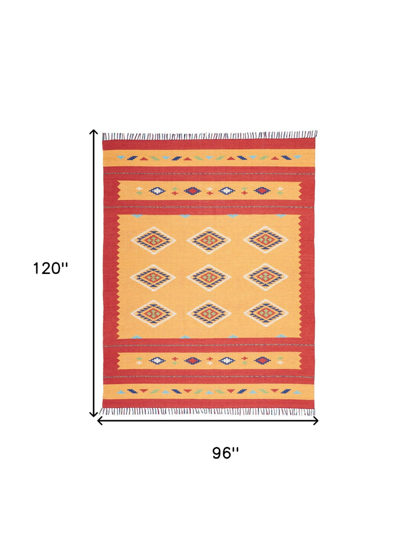 8' X 10' Yellow and Red Southwestern Handmade Area Rug With Fringe