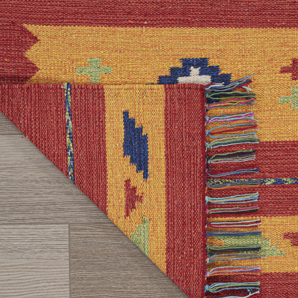 8' X 10' Yellow and Red Southwestern Handmade Area Rug With Fringe