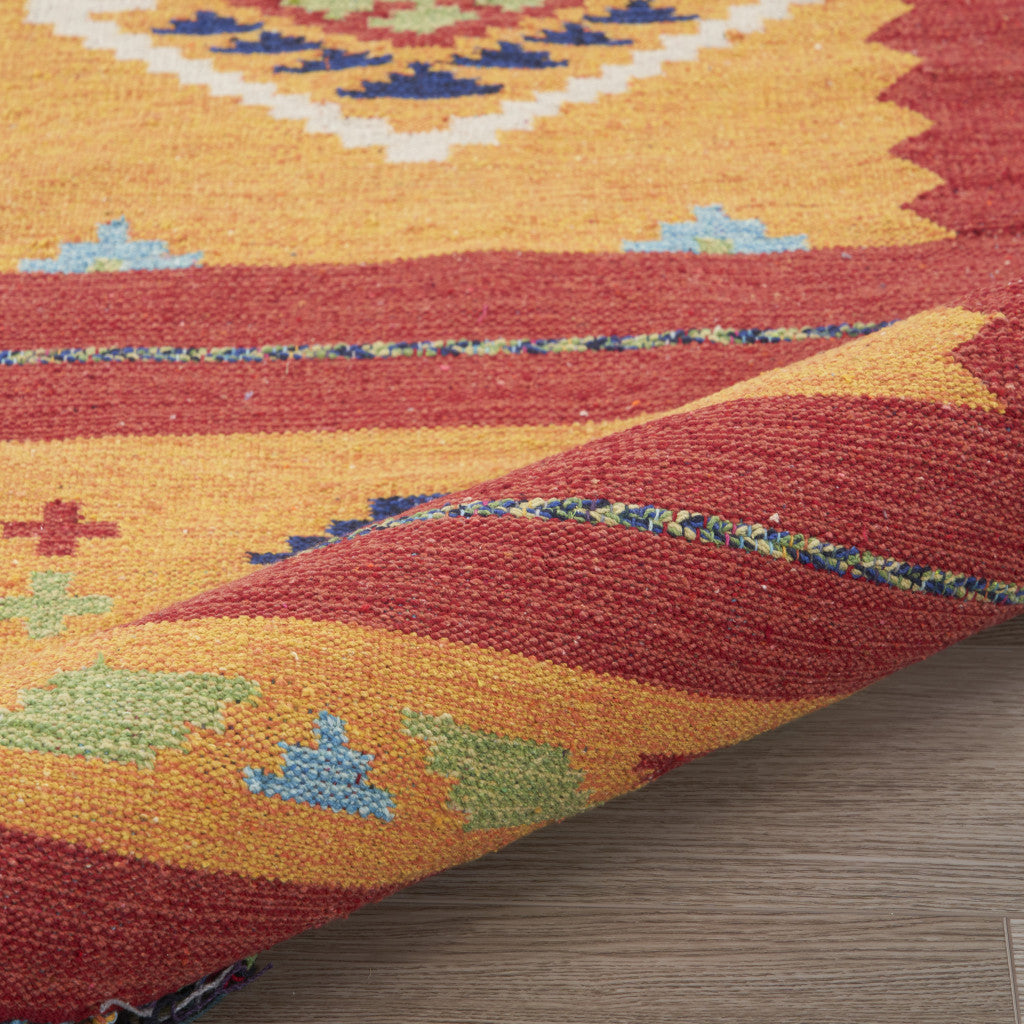 8' X 10' Yellow and Red Southwestern Handmade Area Rug With Fringe